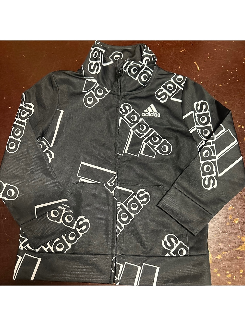 Adidas Kids Track Jacket Size 24M Black White Polyester Boys Full Zip